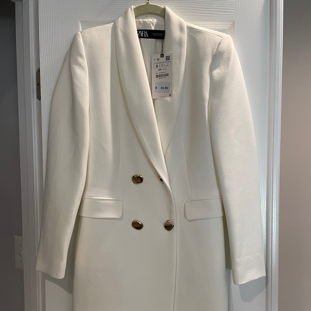 Zara Double Breasted Long White Blazer